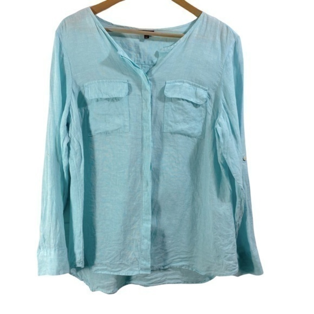 Talbots turquoise Linen Top Shirt long Sleeve Size LP